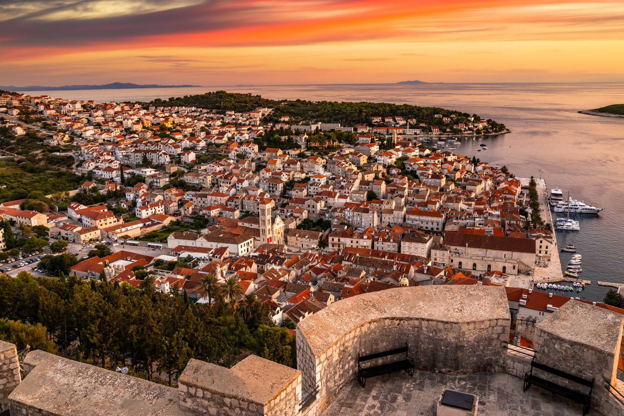 View of Hvar at sunset from the fortress. Hvar island, Croatia